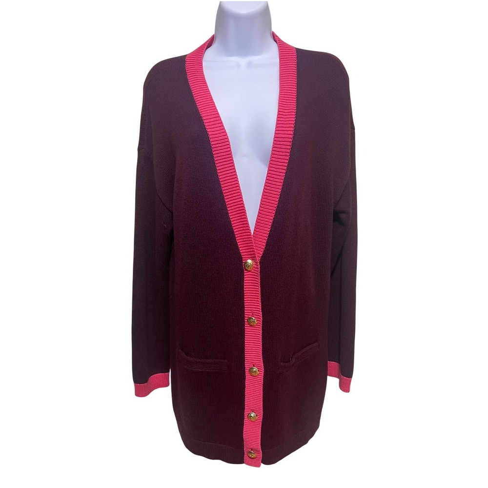 Talbots Petite Plum Pink Cotton Longline‎ Cardigan Gold Crest Buttons Large P